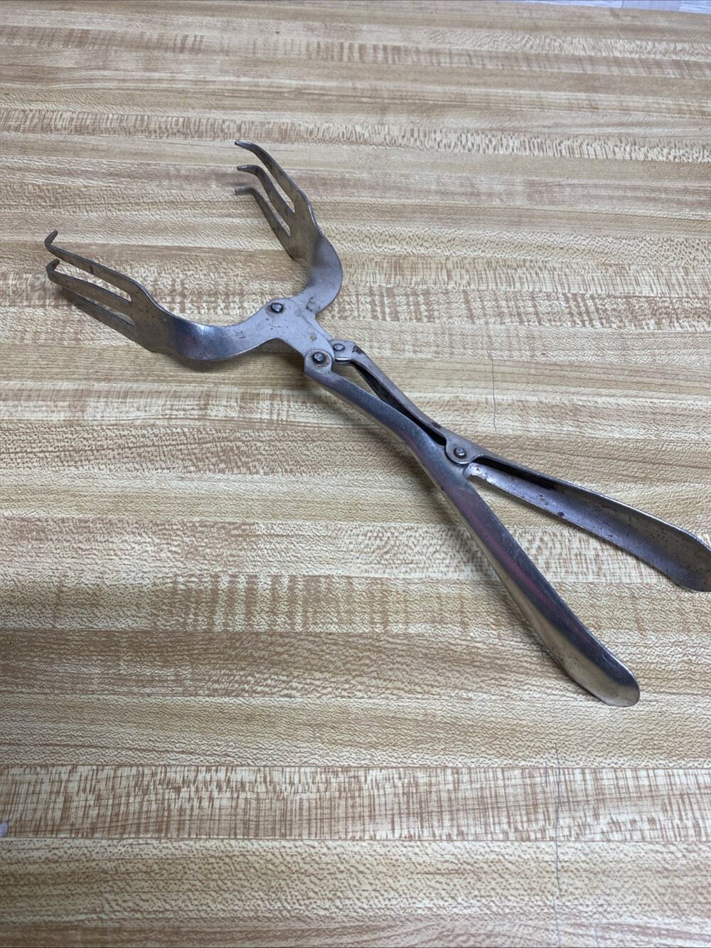 Vintage Fork Salad Canning Ice Tongs Double Pivot Made In USA Mechanical